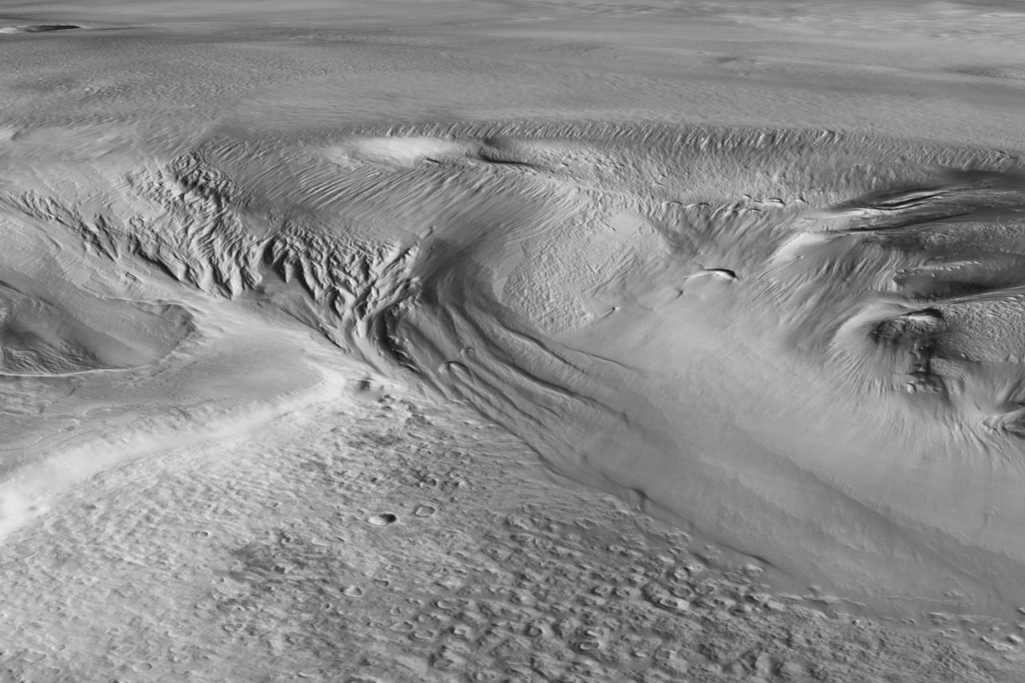 Das Bild zeigt die Mars-Region Eumenides Dorsum in der Formation Medusae Fossae, wo vermutlich die dickste eishaltige Ablagerung zu finden ist.